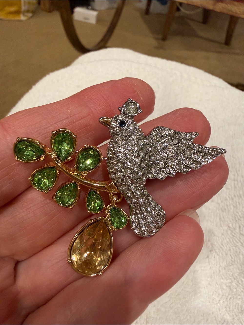 Talbots Crystal Dove Brooch with Green and Yellow Gems